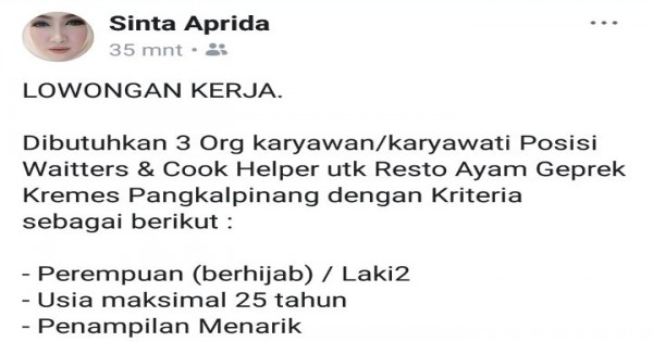 Lowongan Pekerjaan di Resto Ayam Geprek Kremes Pangkalpinang, foto : Screenshot Facebook (Sinta Aprida).