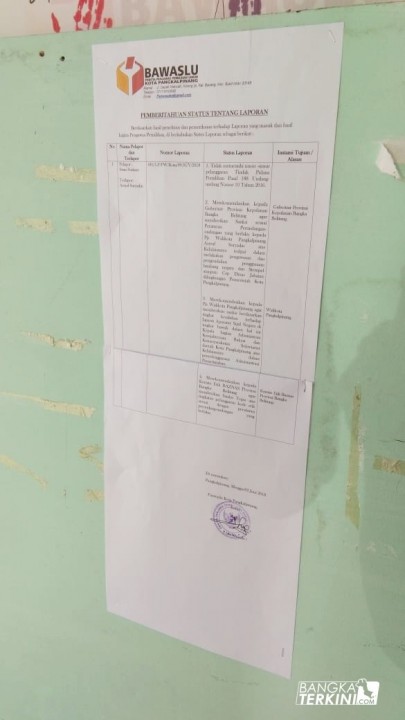 Panwaslu Pangkalpinang Mengeluarkan Surat Pemberitahuan Status Tentang Laporan, terhadap Pjs Walikota Pangkalpinang, Minggu (03/06/2018).