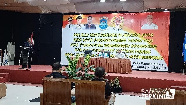 Musyawarah Olahraga Kota Pangkalpinang serta Pemilihan Ketua Umum KONI Pangkalpinang masa bakti tahun 2021-2025, di Hotel Bangka City, Sabtu (29/05/2021).