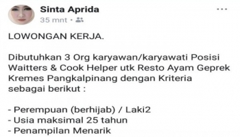 Dibutuhkan 3 orang karyawan atau karyawati, untuk Posisi Waiters &amp;,