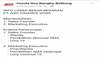 Membutuhkan :  1. Sales Counter  2. Marketing Executive  3. Collector