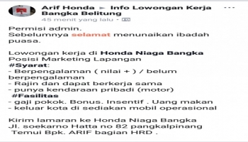 Lowongan kerja di Honda Niaga Bangka  Posisi Marketing Lapangan.