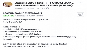 Bangka City Hotel membutuhkan karyawan untuk posisi Steward.